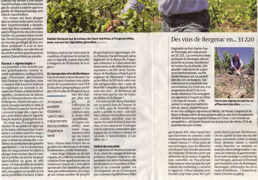 Article Sud-Ouest : Le vignoble qui vit à l'ombre de Saint-Emilion